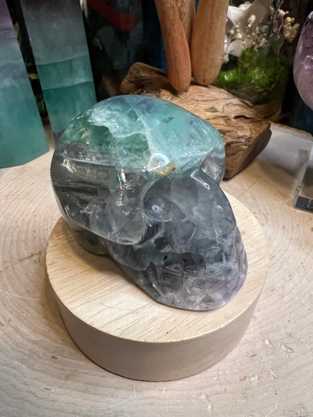 Fluorite skull with rainbows
